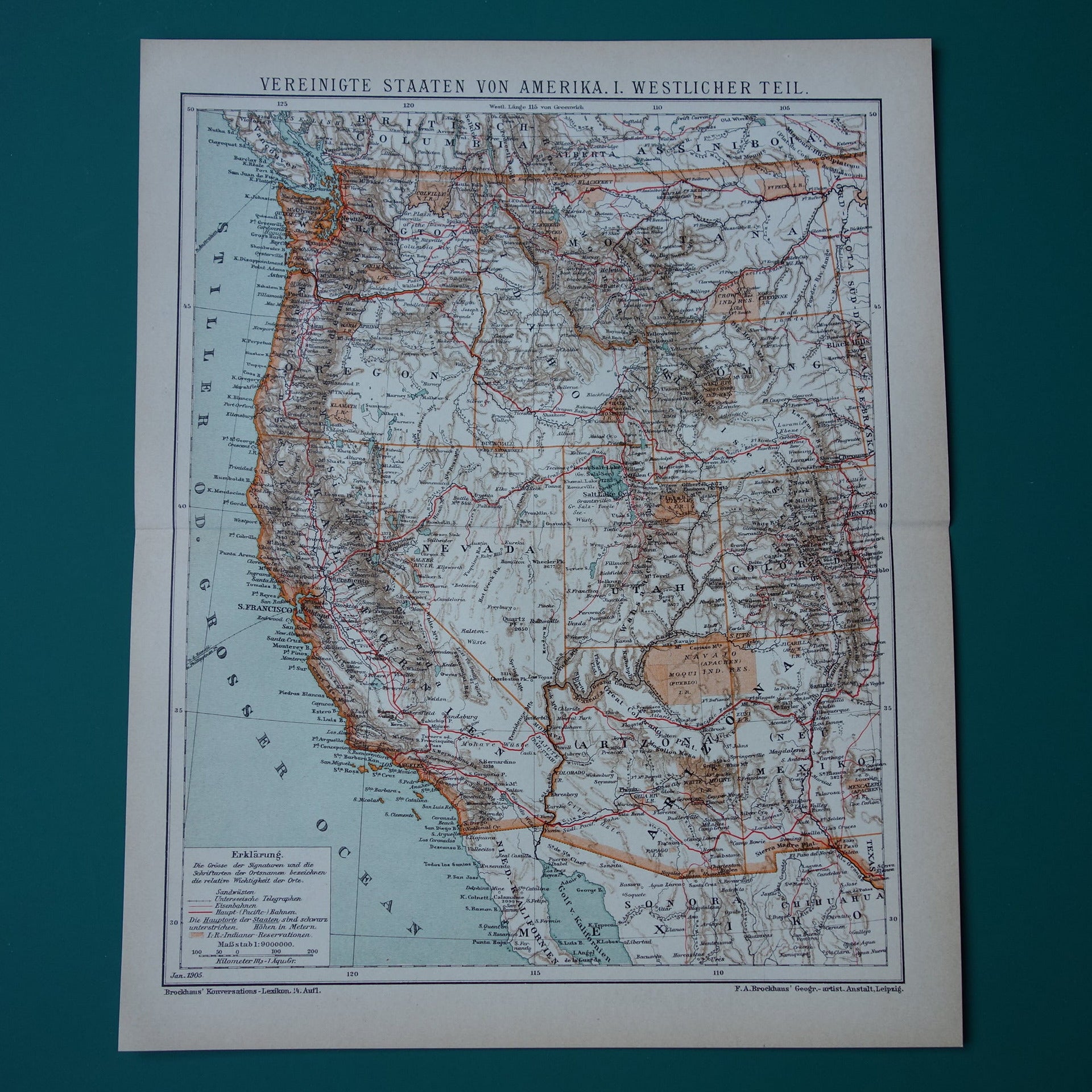 Verenigde Staten oude kaart uit 1905 originele antieke print van de Amerikaanse westkust gedetailleerde vintage kaarten San Francisco Los Angeles Californië