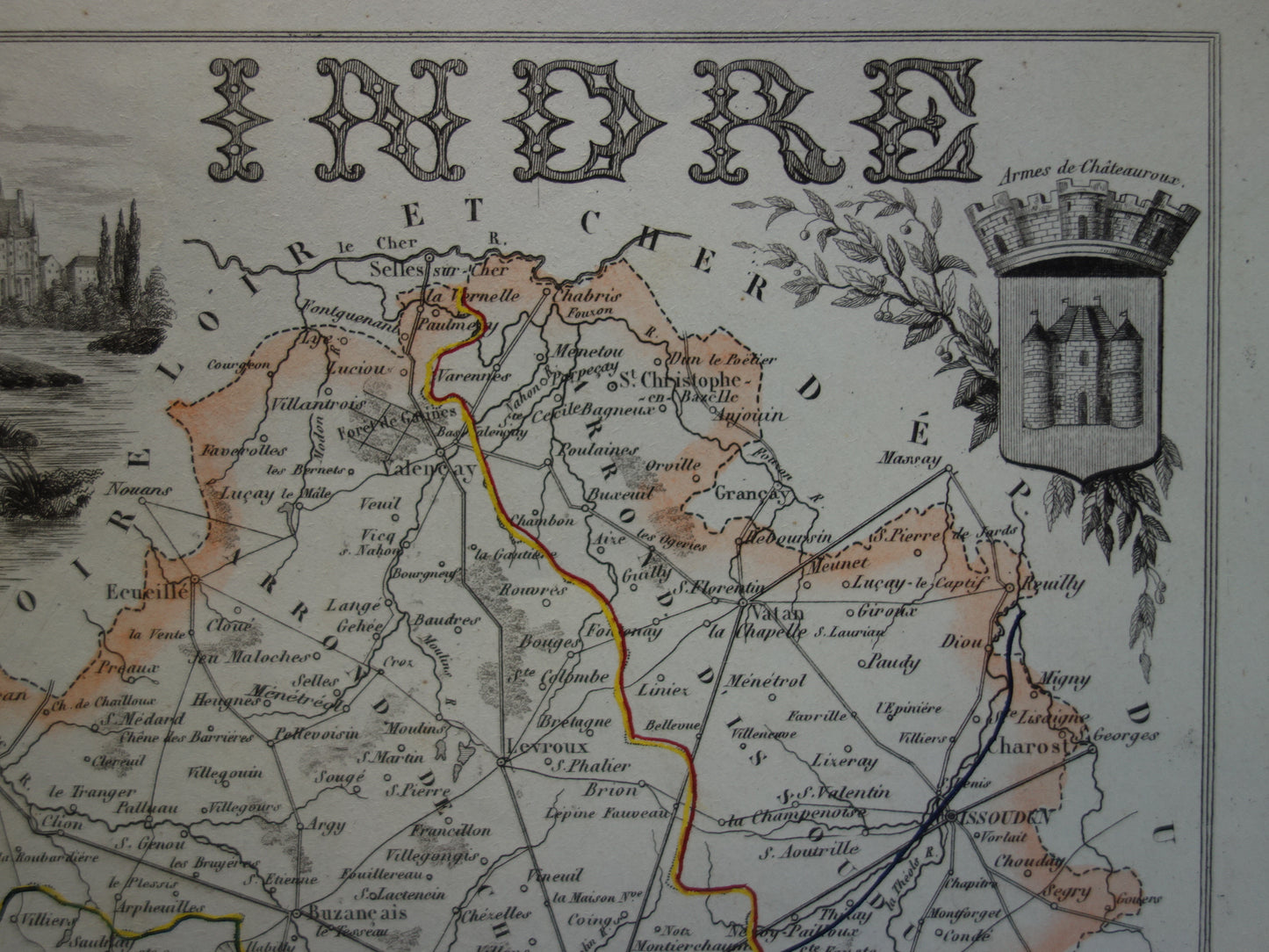 Oude kaart van Indre departement in Frankrijk uit 1851 originele antieke handgekleurde landkaart Nantes