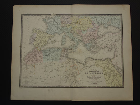 MIDDELLANDSE ZEE Grote oude kaart van Middellandse Zee regio uit 1876 originele antieke handgekleurde landkaart poster