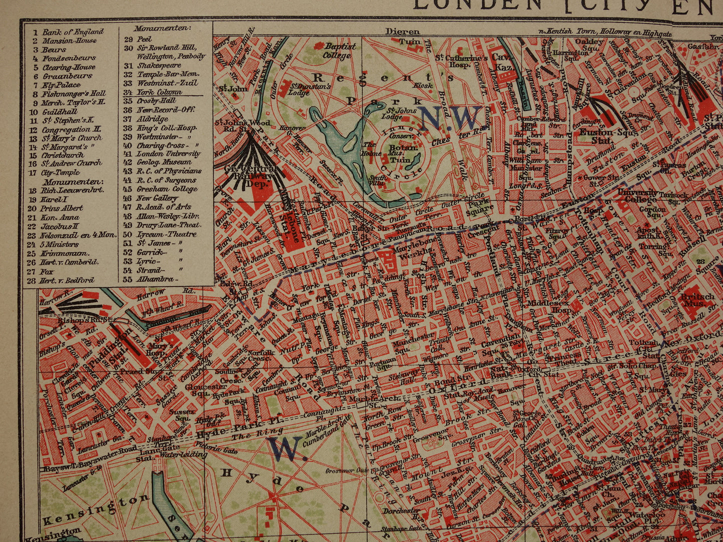 LONDEN oude plattegrond uit 1909 originele Nederlandse antieke kaart van centrum Londen City Westend