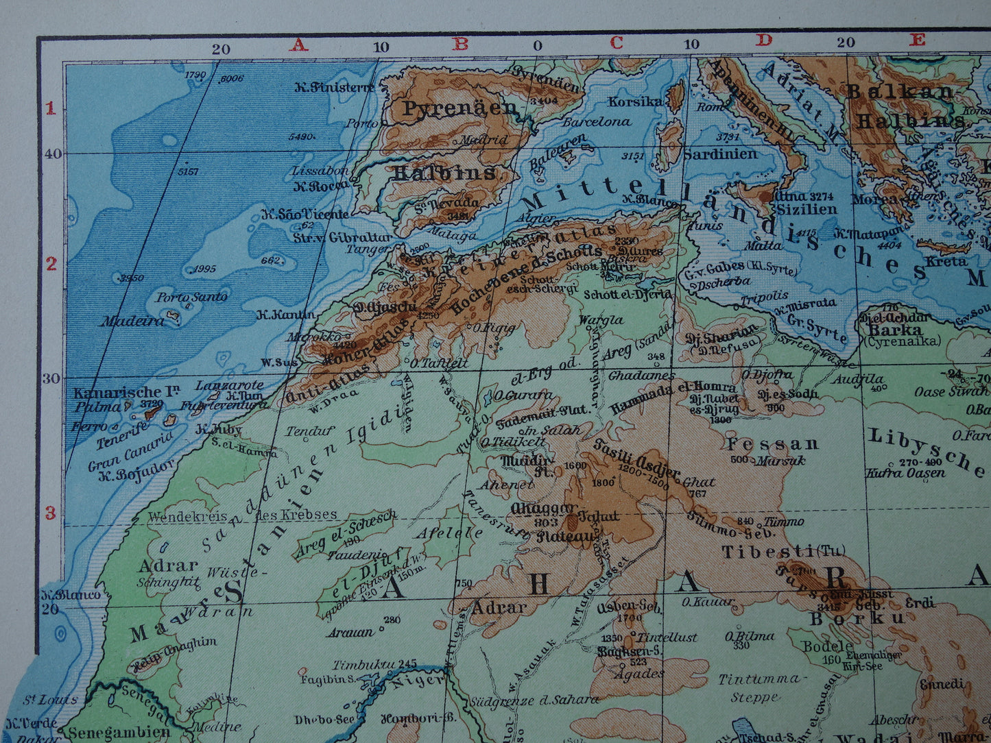 Oude hoogtekaart van Afrika uit 1931 originele vintage landkaart fysieke kaart van Afrika continent - oude Duitse kaarten