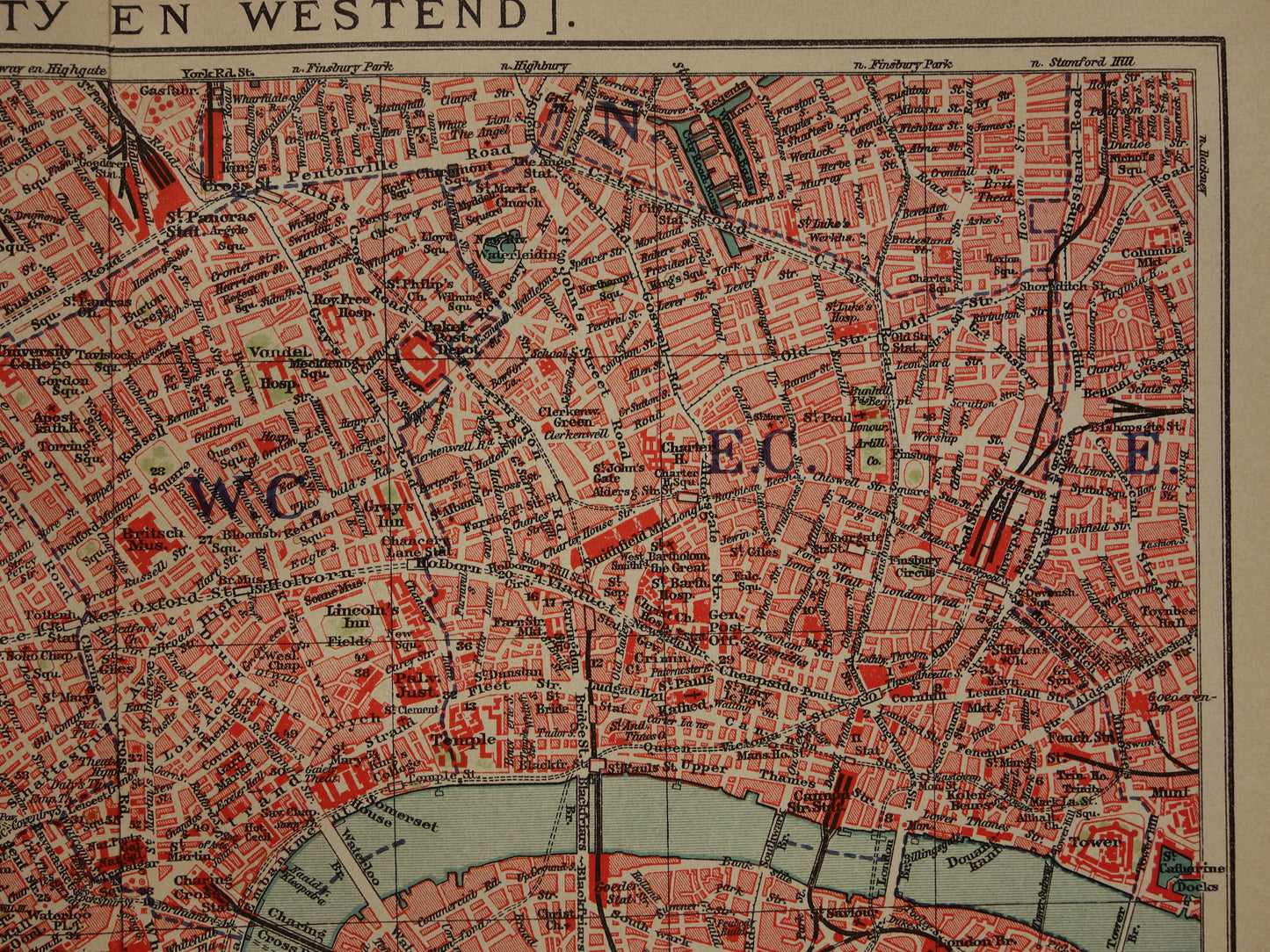 LONDEN oude plattegrond uit 1909 originele Nederlandse antieke kaart van centrum Londen City Westend