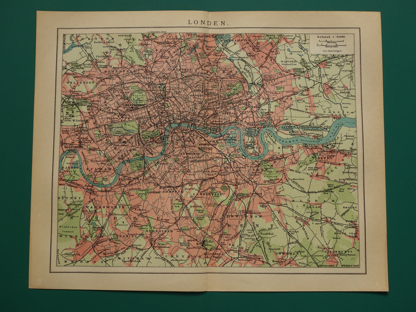 LONDEN oude kaart uit 1909 originele Nederlandse antieke landkaart van Londen en omgeving