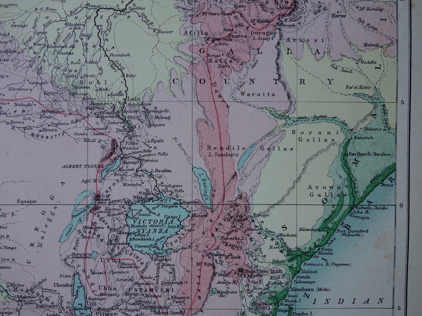 Rivier de Nijl oude kaart van bovenloop Nijl originele antieke Engelse landkaart uit 1884 vintage kaarten Soedan Victoriameer