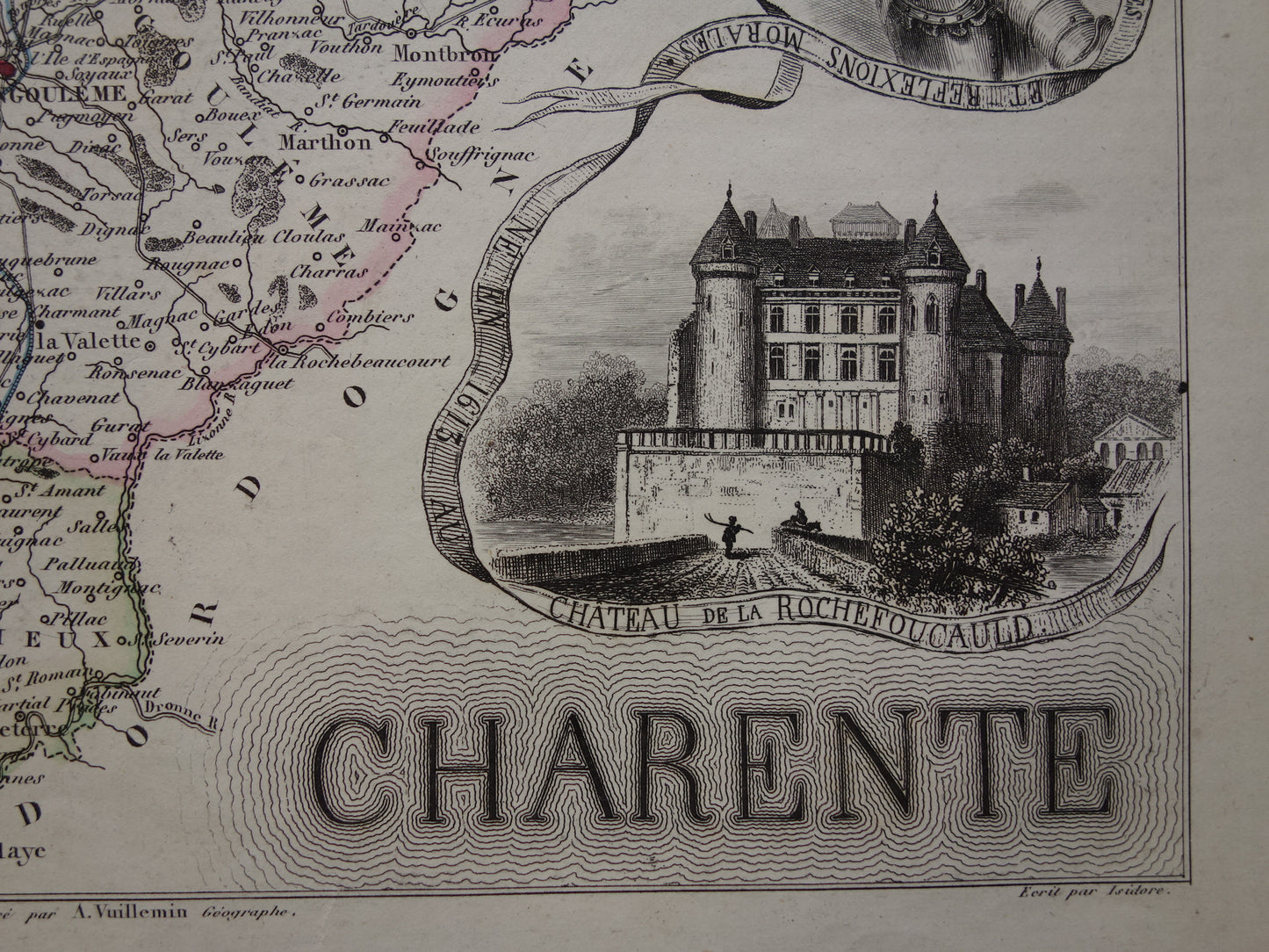 CHARENTE Frankrijk oude kaart uit 1856 originele antieke handgekleurde landkaart Cognac Angoulême Chateau de la Rochefoucauld