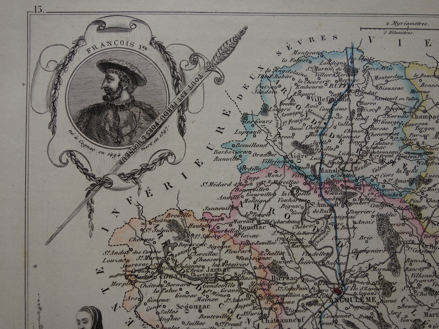 CHARENTE Frankrijk oude kaart uit 1856 originele antieke handgekleurde landkaart Cognac Angoulême Chateau de la Rochefoucauld