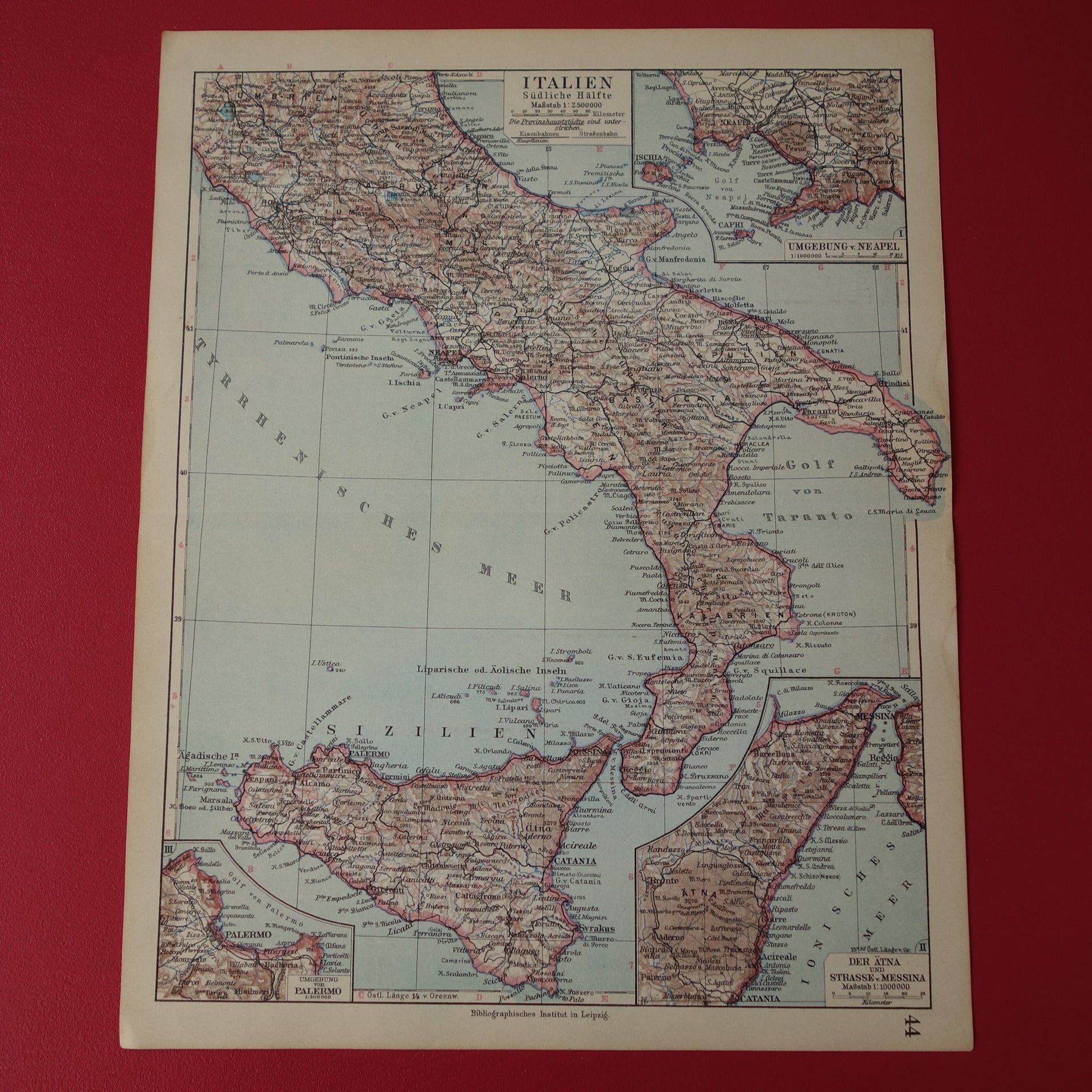 ITALIE oude gedetailleerde kaart van Zuid-Italië uit 1928 originele vintage landkaart Sicilië Napels Palermo Messina