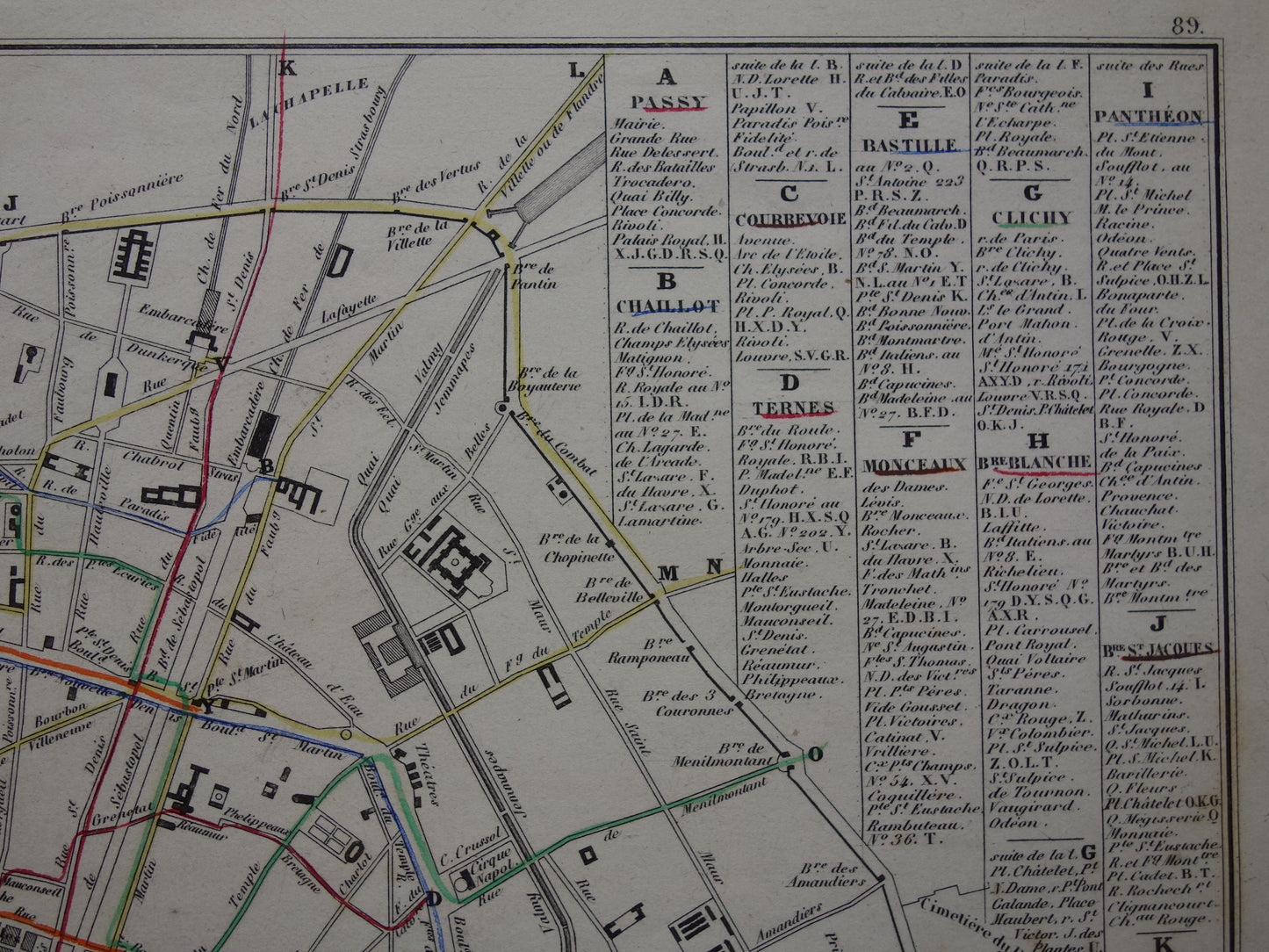 Oude kaart van Parijs met routes van de paardentram / omnibus - zeldzame antieke kaart van Parijs uit 1856 originele vintage plattegrond