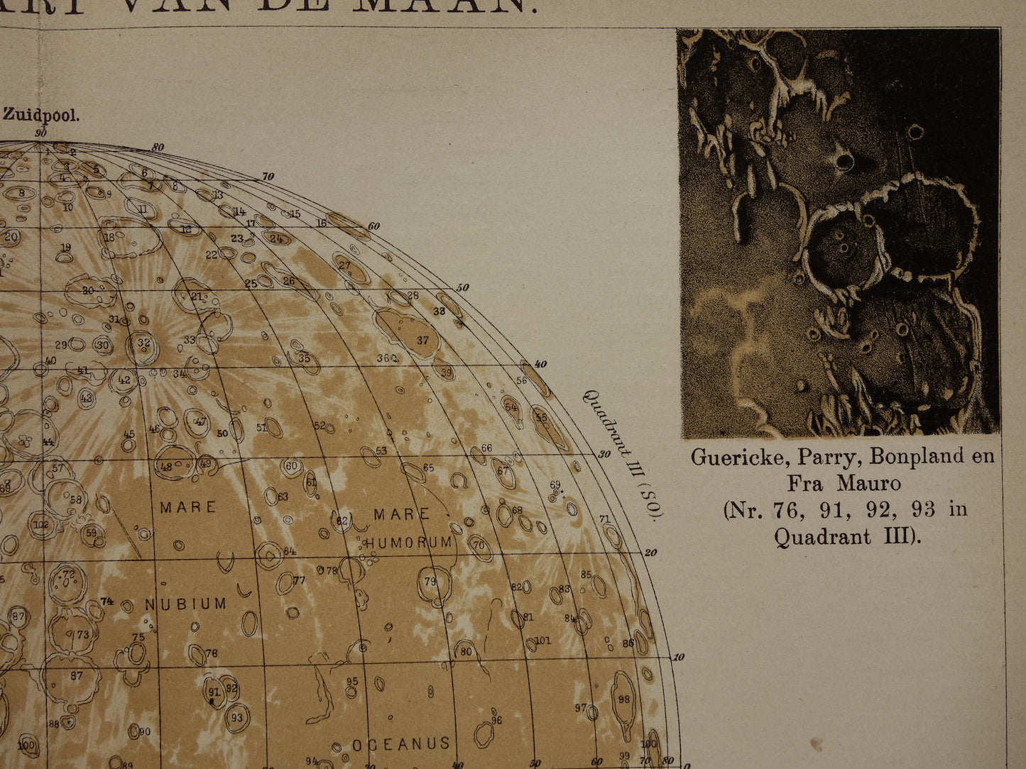 Oude kaart van de Maan originele antieke print zichtbare zijde van de maan - Nederlandse maankaart uit 1909