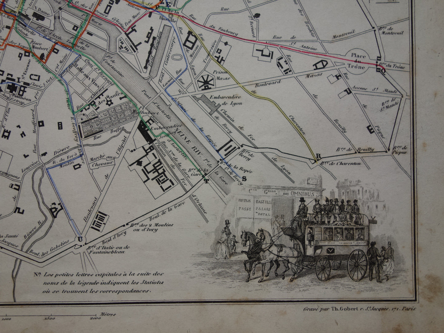 Oude kaart van Parijs met routes van de paardentram / omnibus - zeldzame antieke kaart van Parijs uit 1856 originele vintage plattegrond