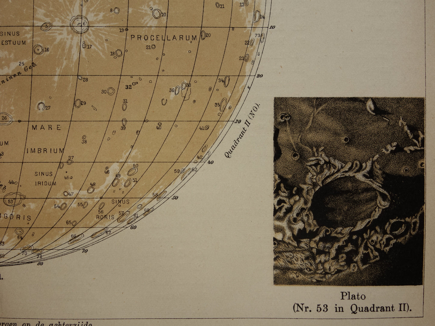 Oude kaart van de Maan originele antieke print zichtbare zijde van de maan - Nederlandse maankaart uit 1909