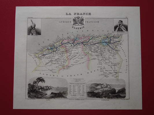 Landkaart van Algerije uit 1856 - originele 165+ jaar oude handgekleurde Franse kaart van Algerije