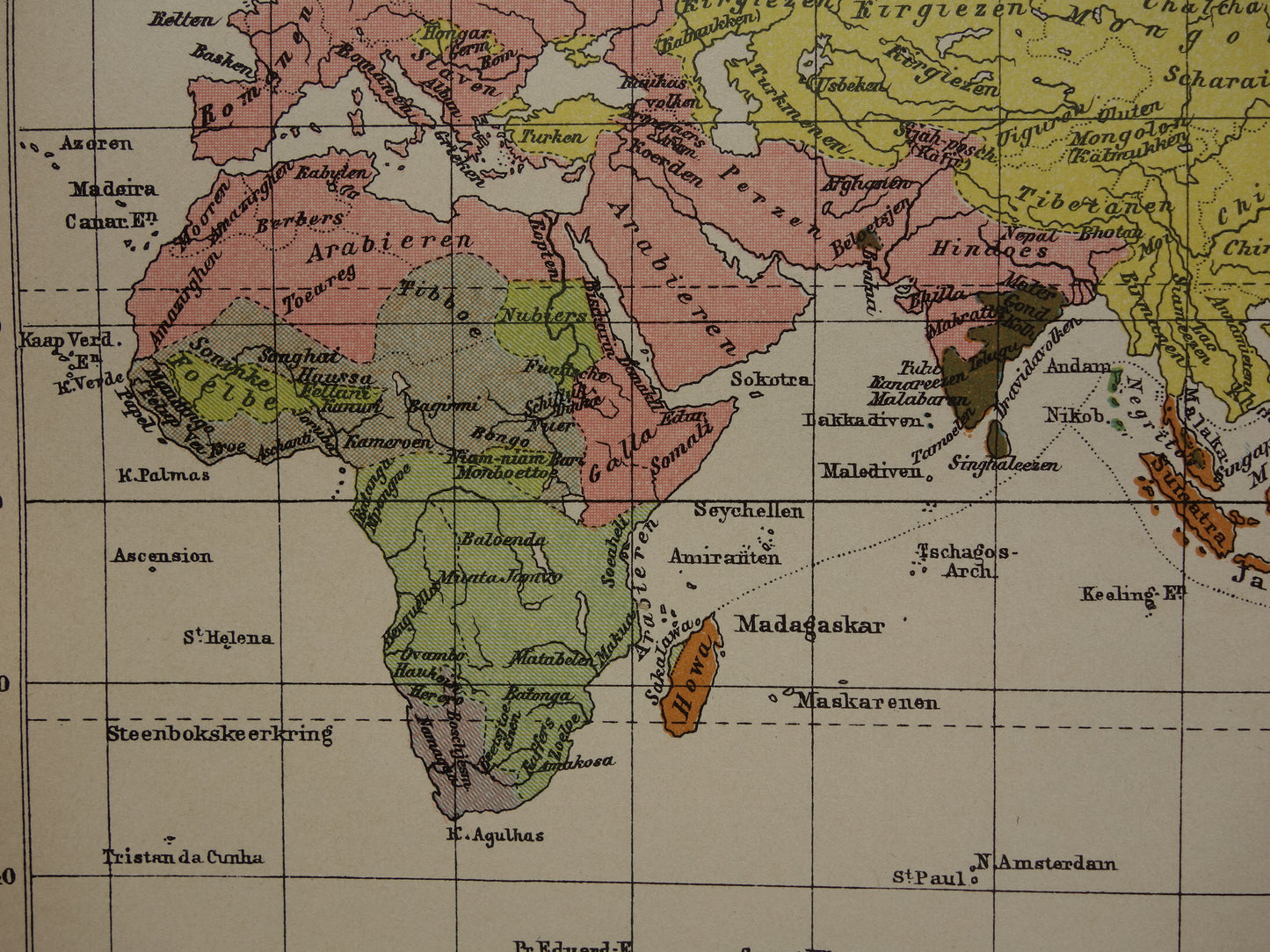 Etnografie Wereldkaart uit 1908 - Originele antieke etnografische kaart van de Wereld - Antieke print Antropologie Volkenkunde Etnologie Menselijke Rassen