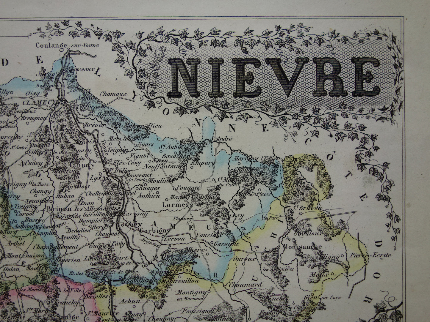 Oude kaart van NIEVRE departement in Frankrijk uit 1856 originele antieke handgekleurde landkaart Nevers Decize Cosne-Cours-sur-Loire