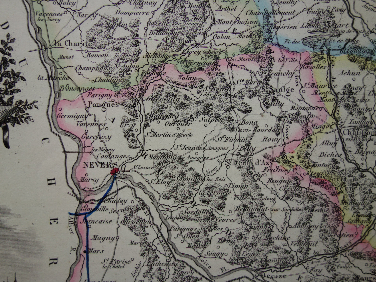 Oude kaart van NIEVRE departement in Frankrijk uit 1856 originele antieke handgekleurde landkaart Nevers Decize Cosne-Cours-sur-Loire