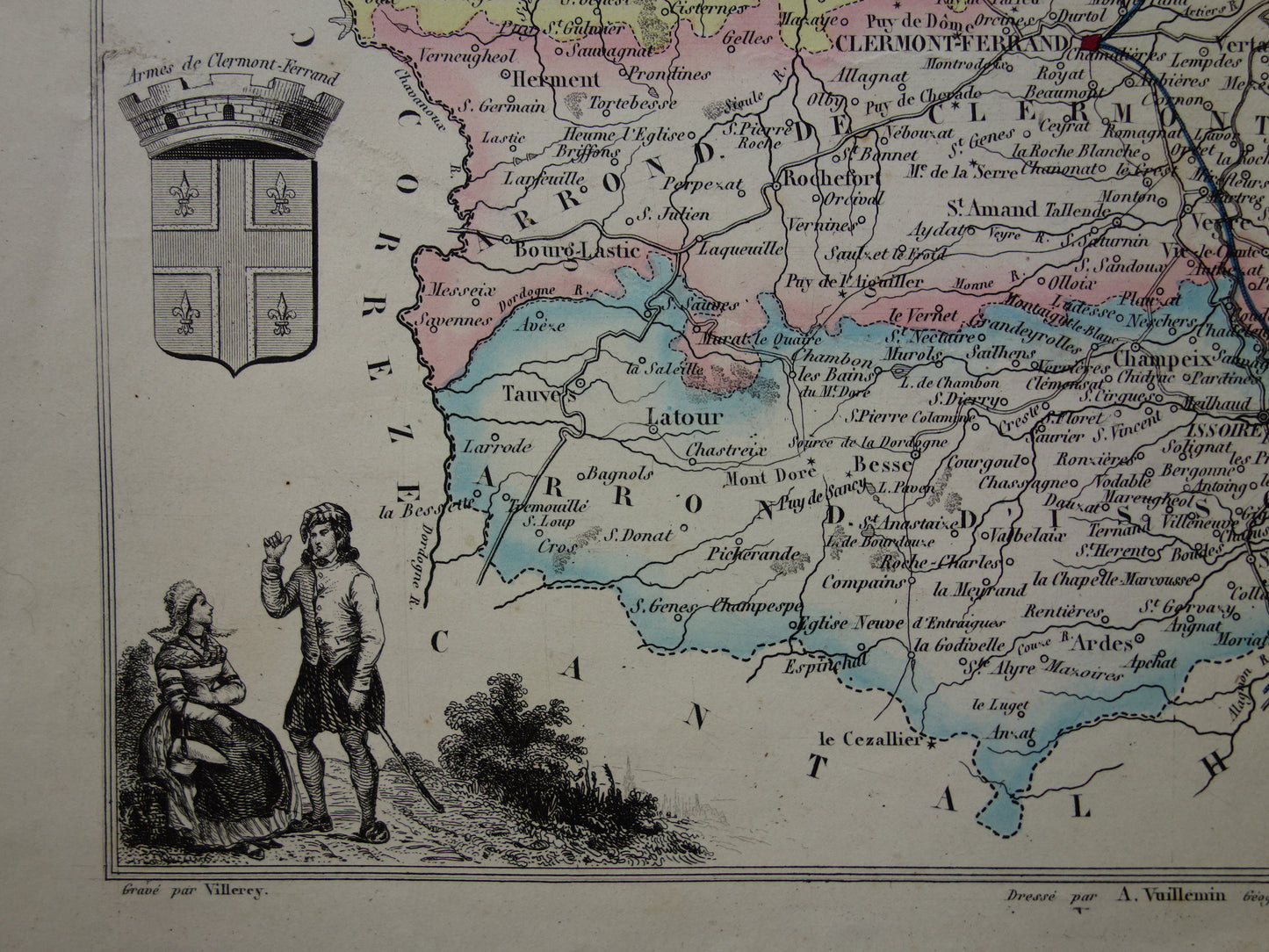 Oude kaart van Puy-de-Dôme departement in Frankrijk uit 1856 originele oude handgekleurde landkaart Clermont-Ferrant Puy de Dome