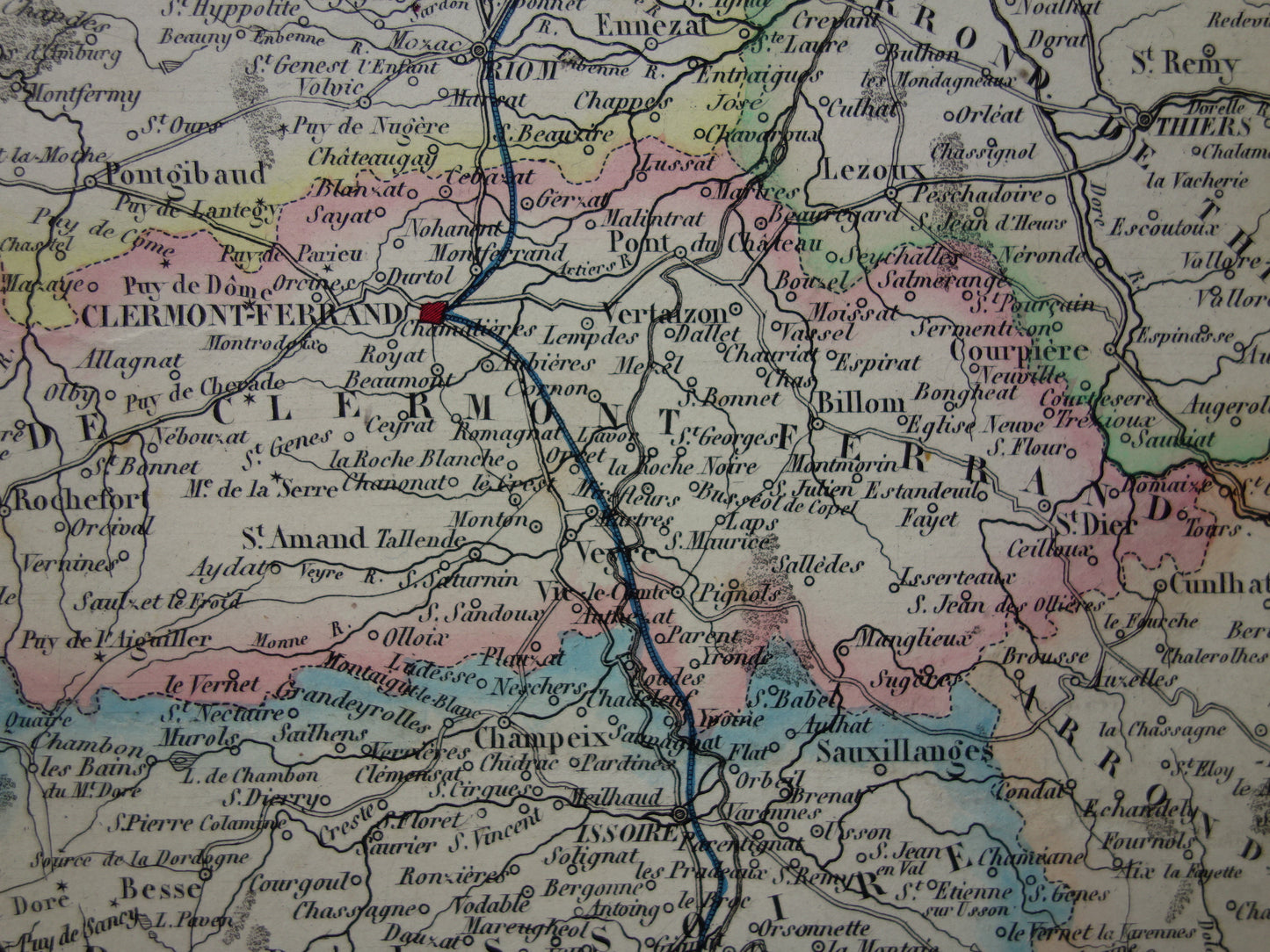 Oude kaart van Puy-de-Dôme departement in Frankrijk uit 1856 originele oude handgekleurde landkaart Clermont-Ferrant Puy de Dome