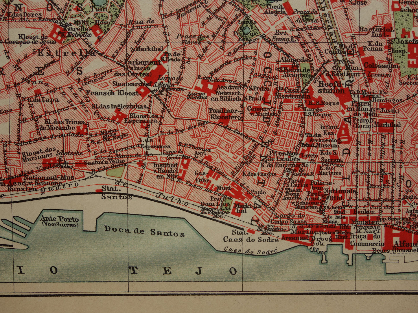 LISSABON oude kaart van Lissabon Portugal uit 1909 originele antieke plattegrond vintage landkaart