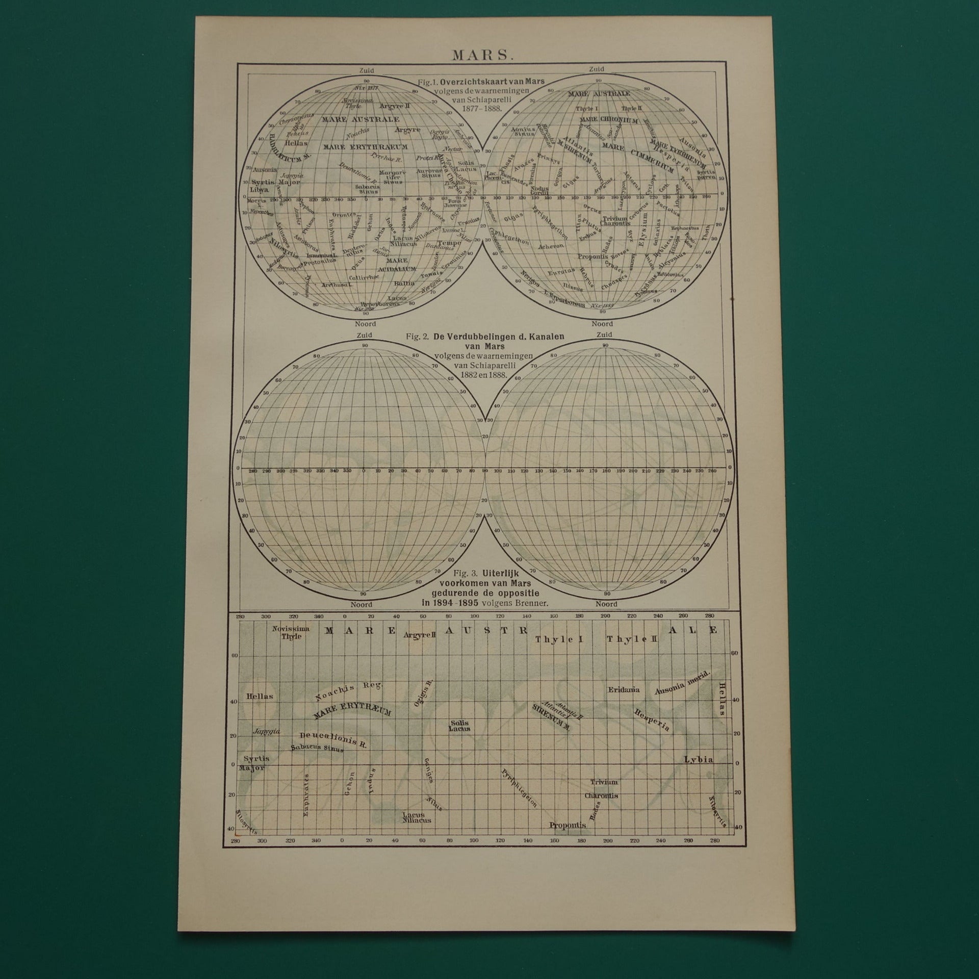 MARS oude kaart van de planeet Mars uit 1909 originele antieke astronomie print vintage Nederlandse kaarten
