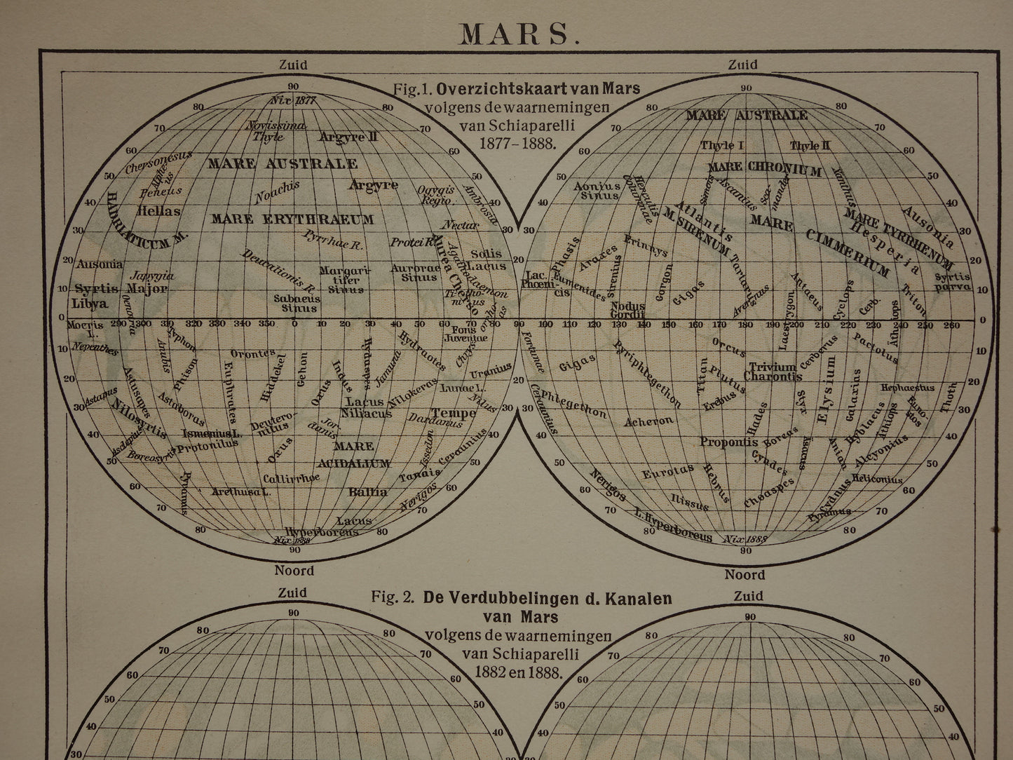 MARS oude kaart van de planeet Mars uit 1909 originele antieke astronomie print vintage Nederlandse kaarten