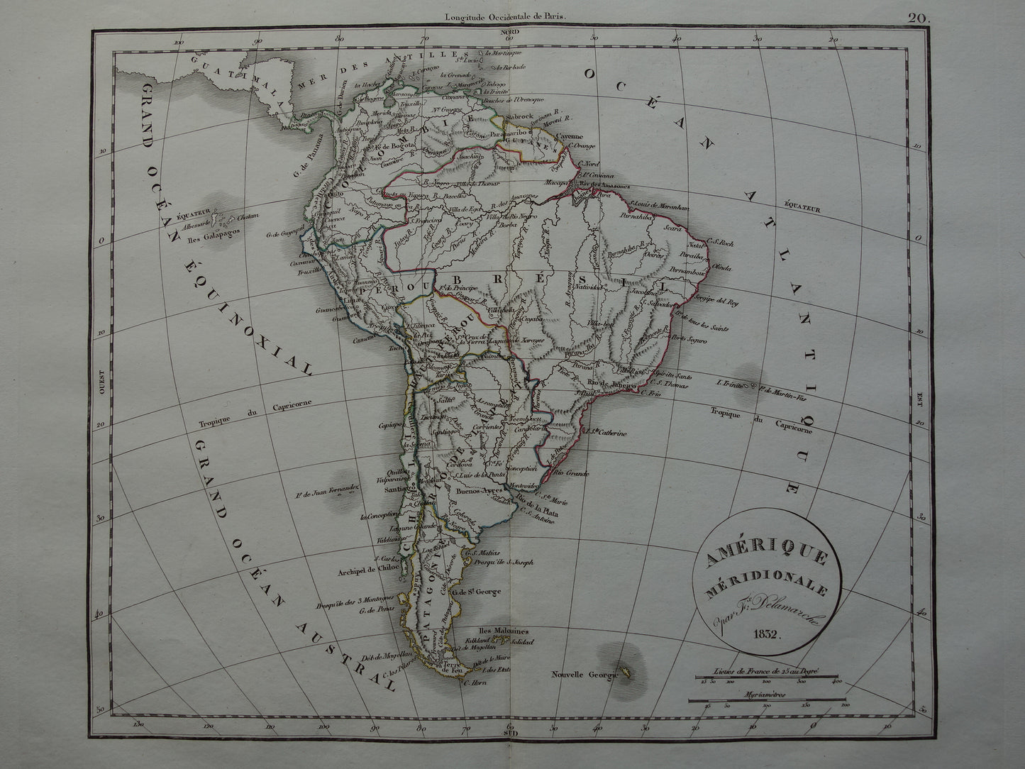 Zuid-Amerika oude landkaart van continent Zuid-Amerika - originele antieke kaart uit 1832