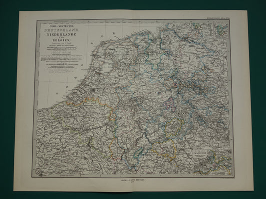Oude kaart van Nederland België en Duitsland originele 145+ jaar oude antieke handgekleurde landkaart met jaartal