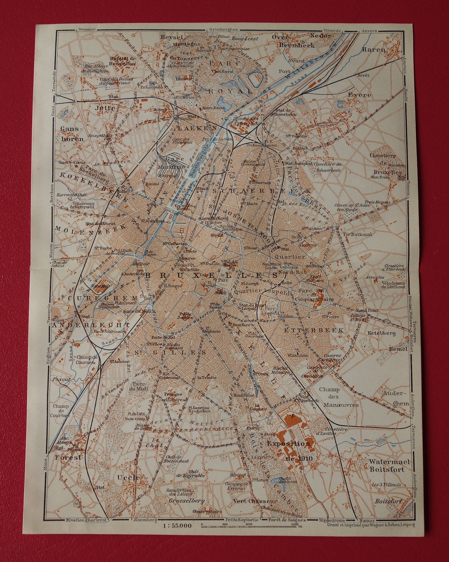 BRUSSEL oude kaart van Brussel België uit 1910 kleine originele antieke plattegrond Laeken Etterbeek landkaart