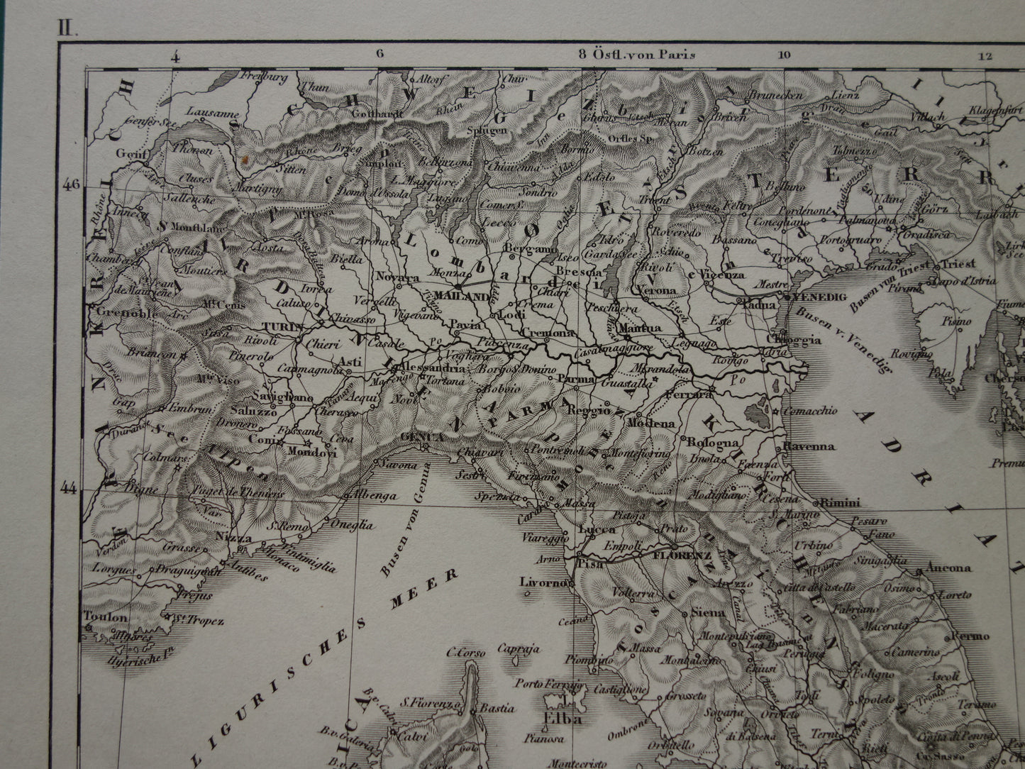170+ jaar oude landkaart van ITALIË uit 1849 originele antieke kaart zwart/wit