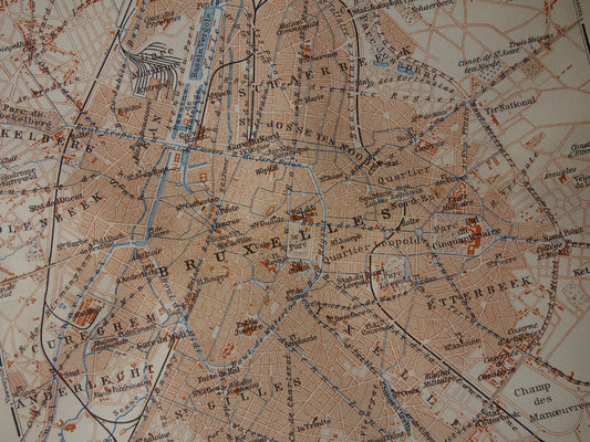 BRUSSEL oude kaart van Brussel België uit 1910 kleine originele antieke plattegrond Laeken Etterbeek landkaart