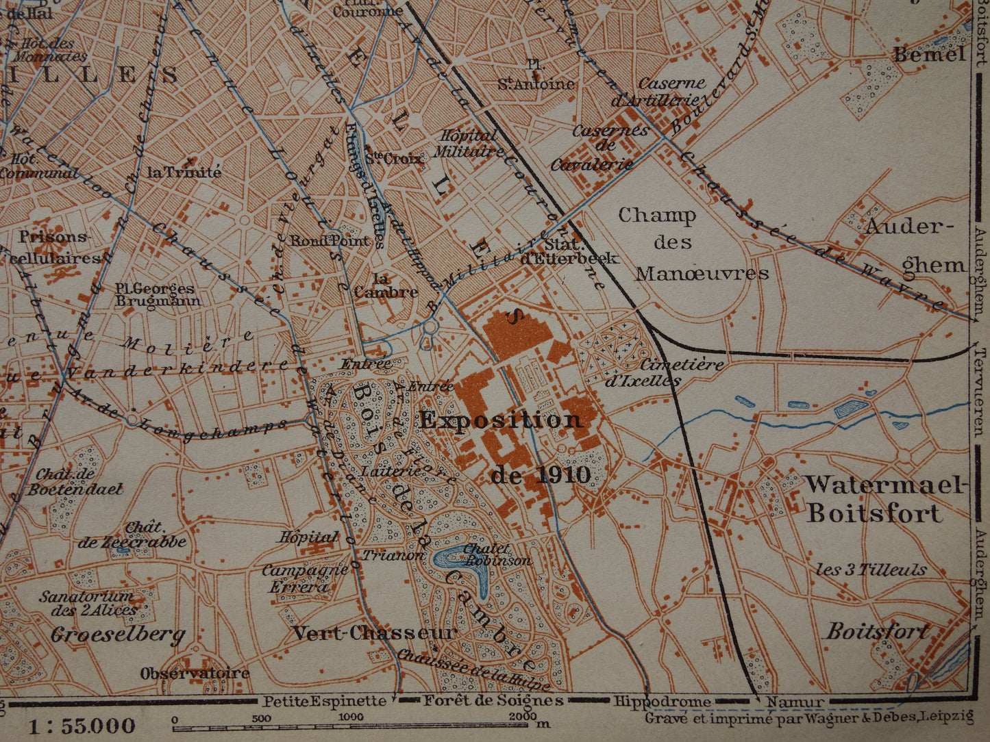 BRUSSEL oude kaart van Brussel België uit 1910 kleine originele antieke plattegrond Laeken Etterbeek landkaart