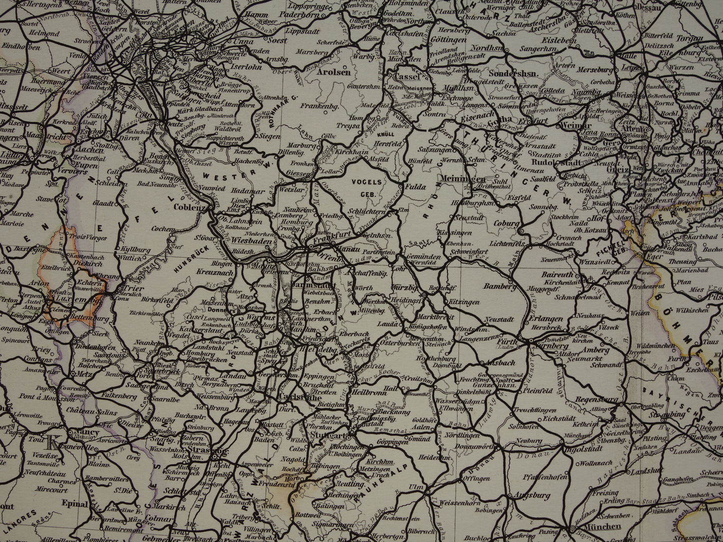Antieke kaart van Spoorwegen in Nederland Duitsland originele 145+ jaar oude landkaart spoorlijnen centraal Europa spoorkaart