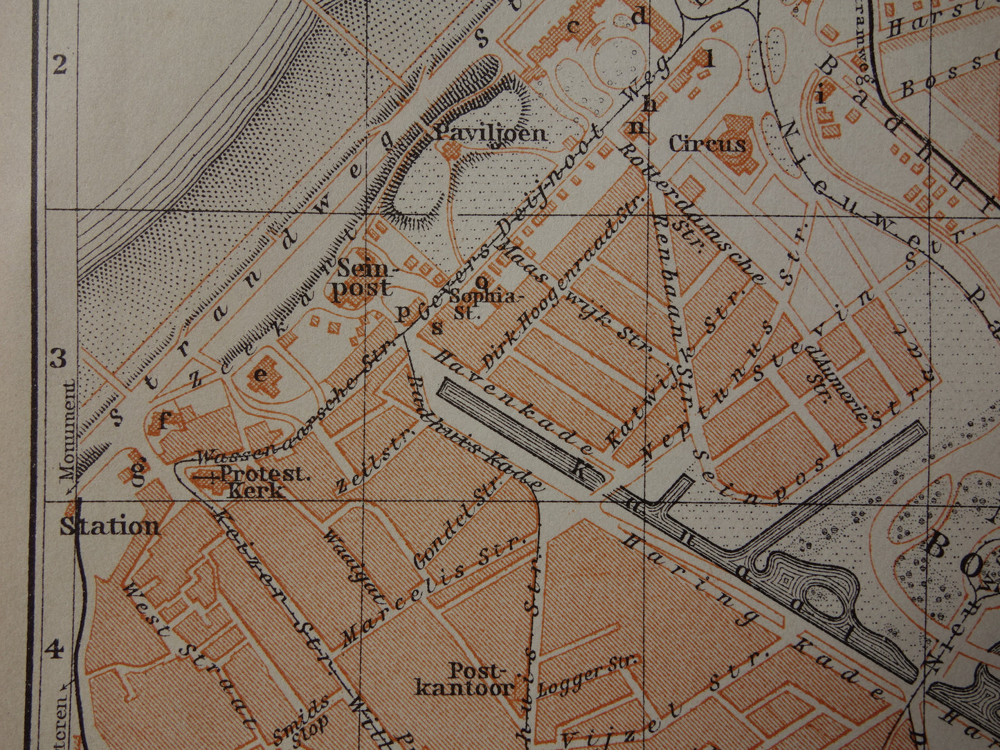 SCHEVENINGEN oude plattegrond van Scheveningen uit 1910 kleine originele antieke kaart Nederland