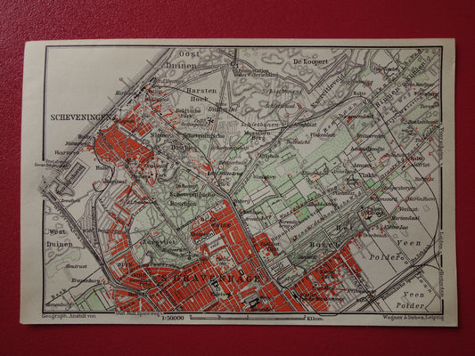 SCHEVENINGEN oude kaart van Scheveningen en Den Haag 1910 kleine originele antieke plattegrond Nederland