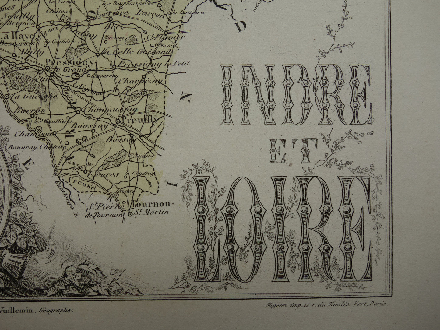 Indre-et-Loire departement Frankrijk oude kaart 1882 originele antieke landkaart Tours historische kaarten