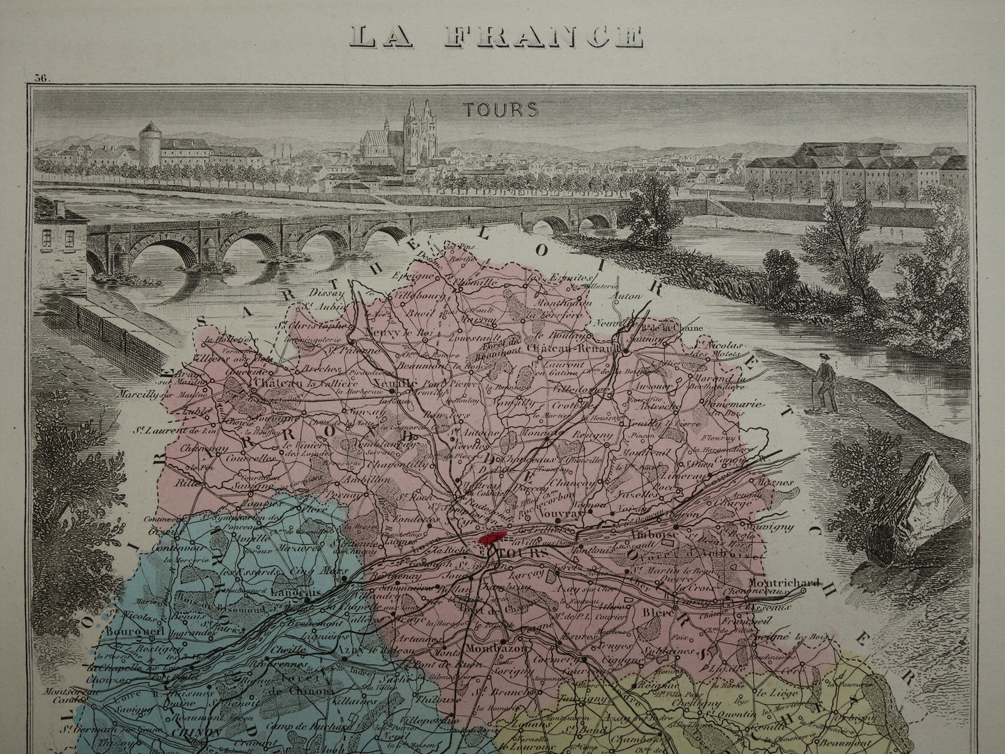 Indre-et-Loire departement Frankrijk oude kaart 1882 originele antieke landkaart Tours historische kaarten
