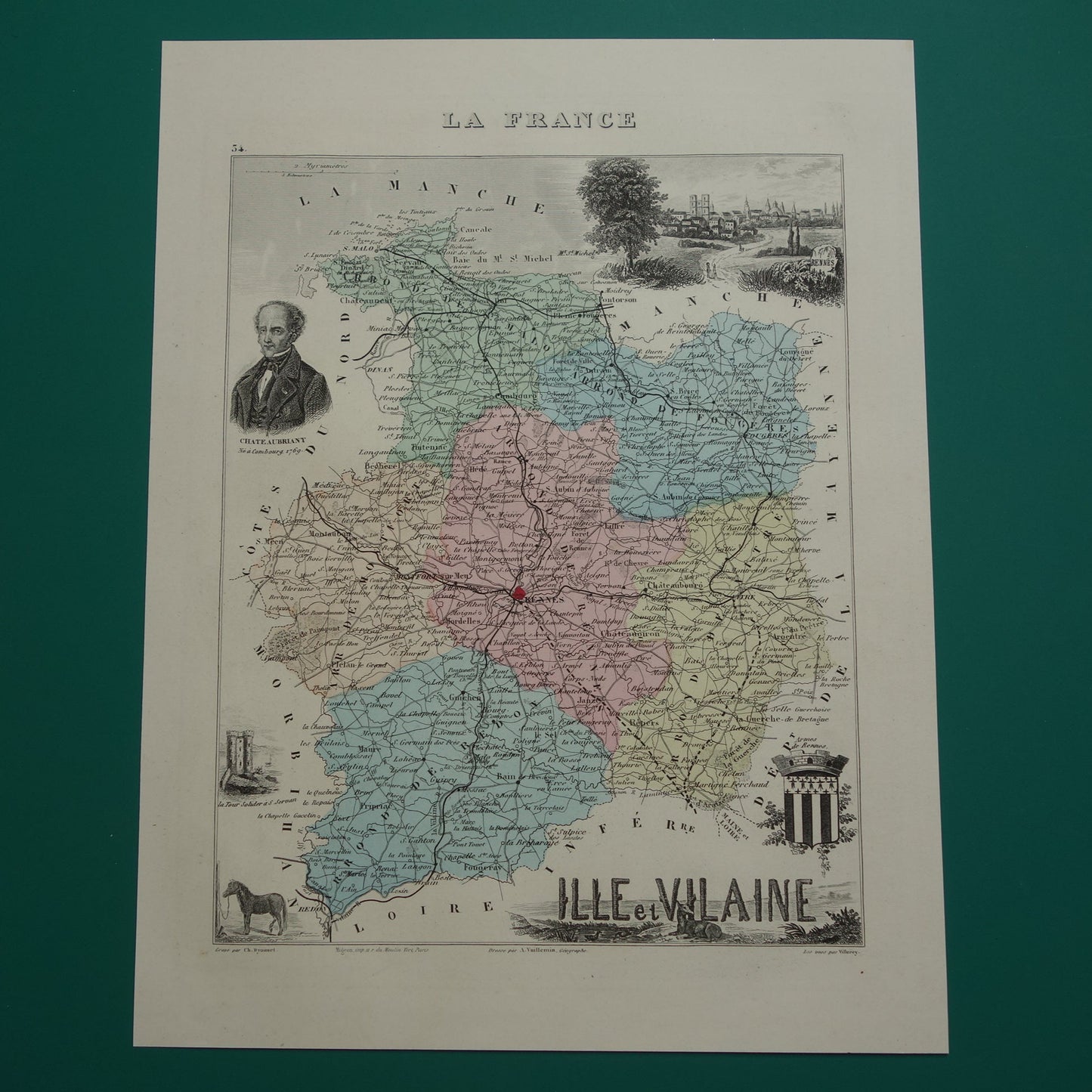Ille et Vilaine departement Frankrijk oude kaart 1880 originele antieke landkaart Rennes historische kaarten
