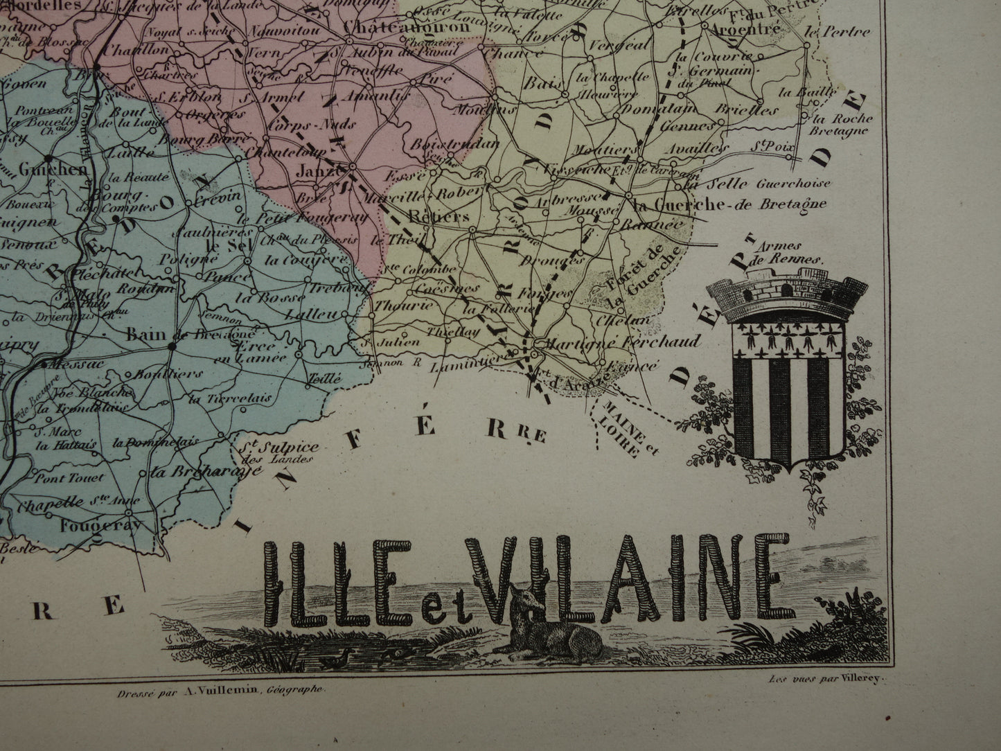 Ille et Vilaine departement Frankrijk oude kaart 1880 originele antieke landkaart Rennes historische kaarten