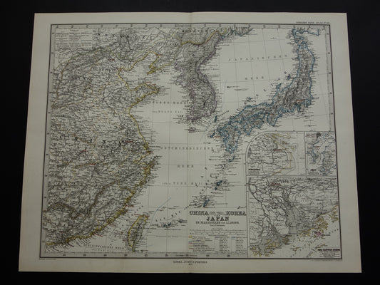 CHINA KOREA JAPAN oude gedetailleerde kaart uit 1877 originele antieke landkaart vintage poster Tokio Guangzhou Shanghai Taiwan