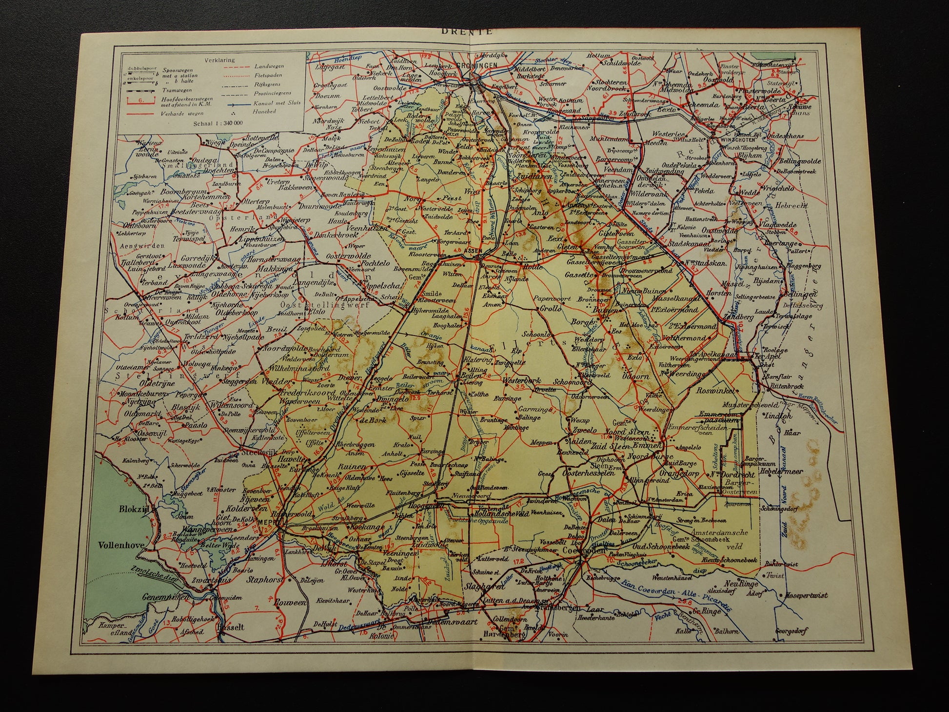 Drenthe Oude kaart van de provincie Drenthe uit 1927 originele vintage historische landkaart