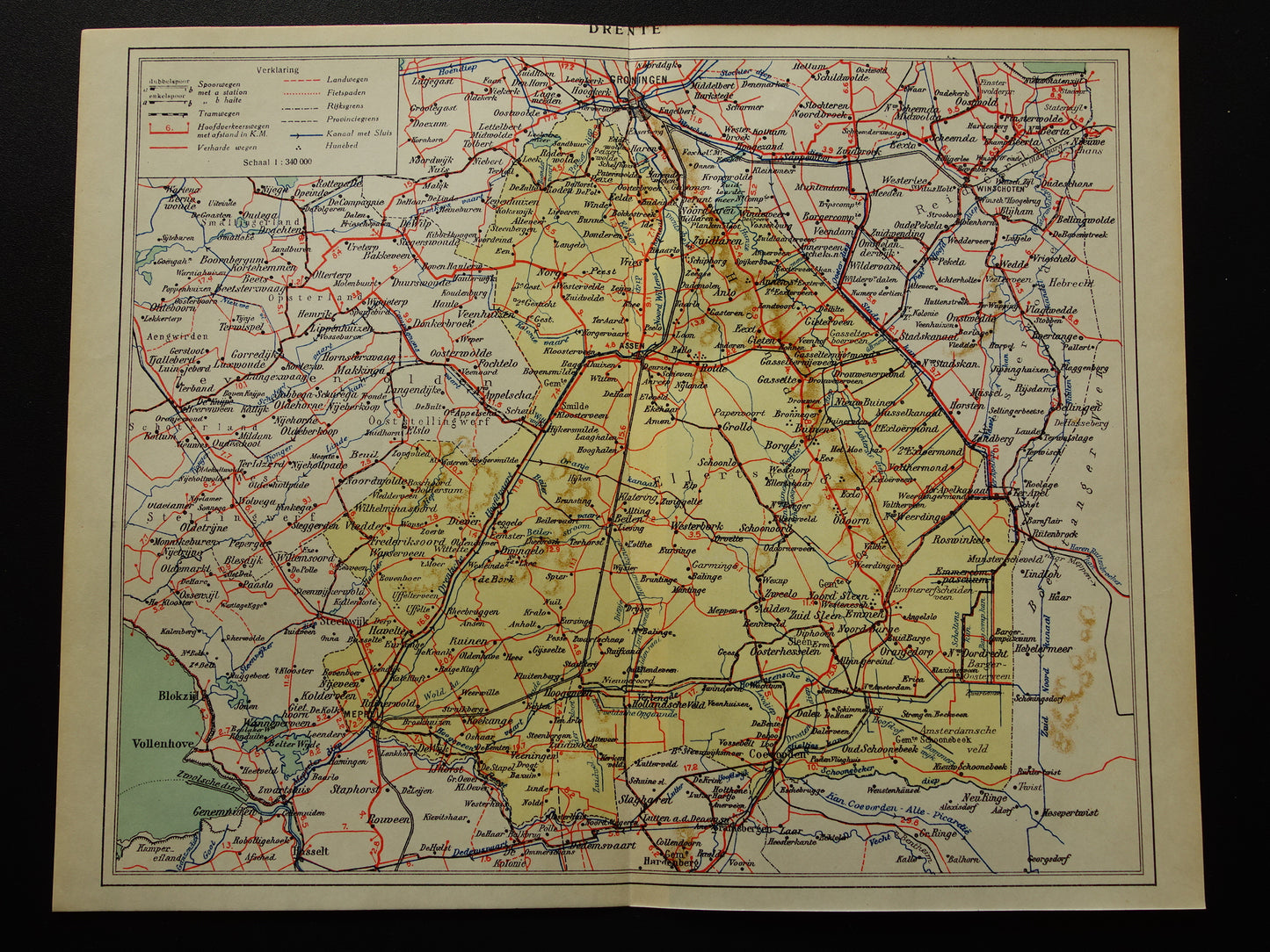 Drenthe Oude kaart van de provincie Drenthe uit 1927 originele vintage historische landkaart