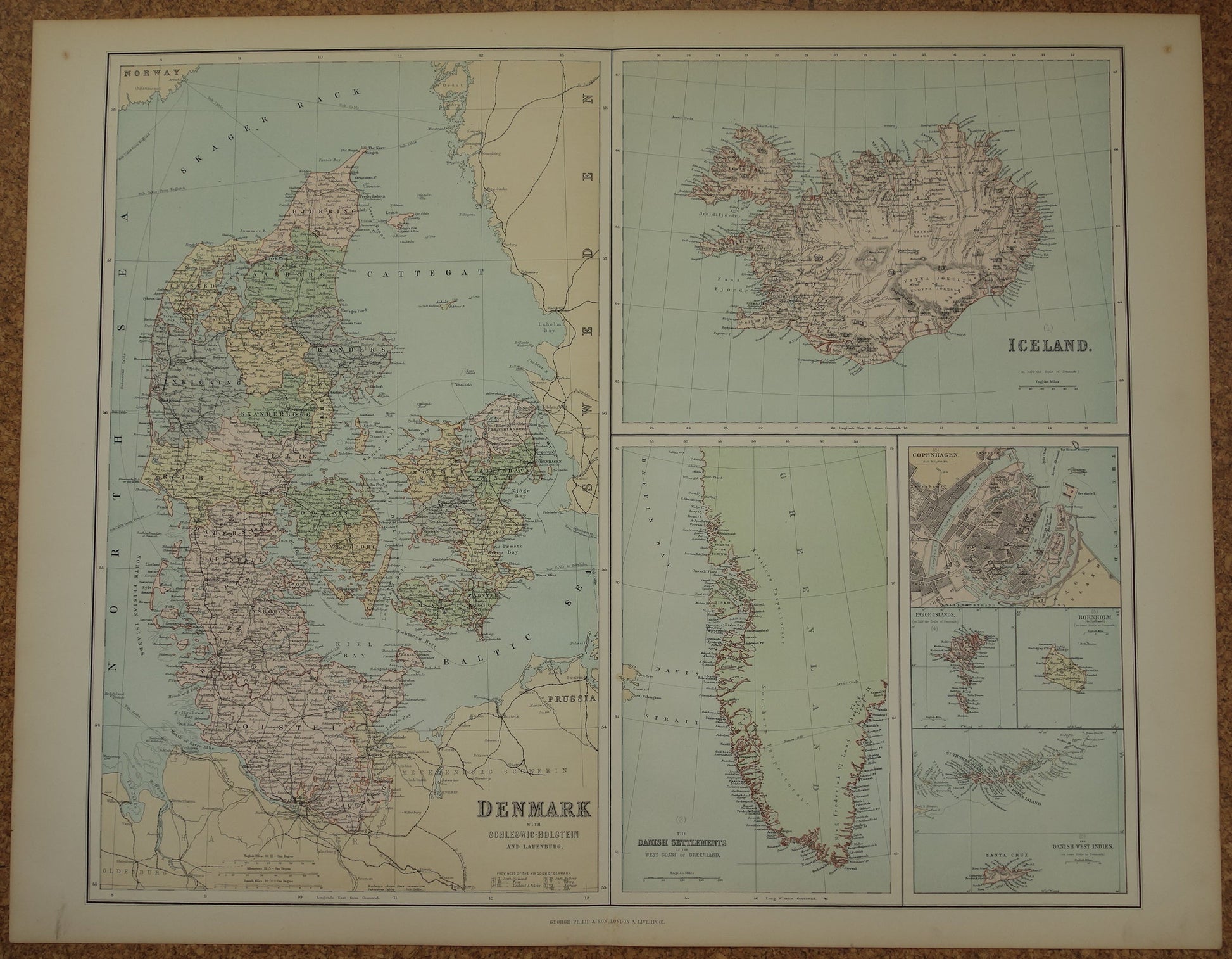 Denemarken grote oude kaart van Denemarken Groenland en Ijsland uit 1890 originele antieke landkaart poster