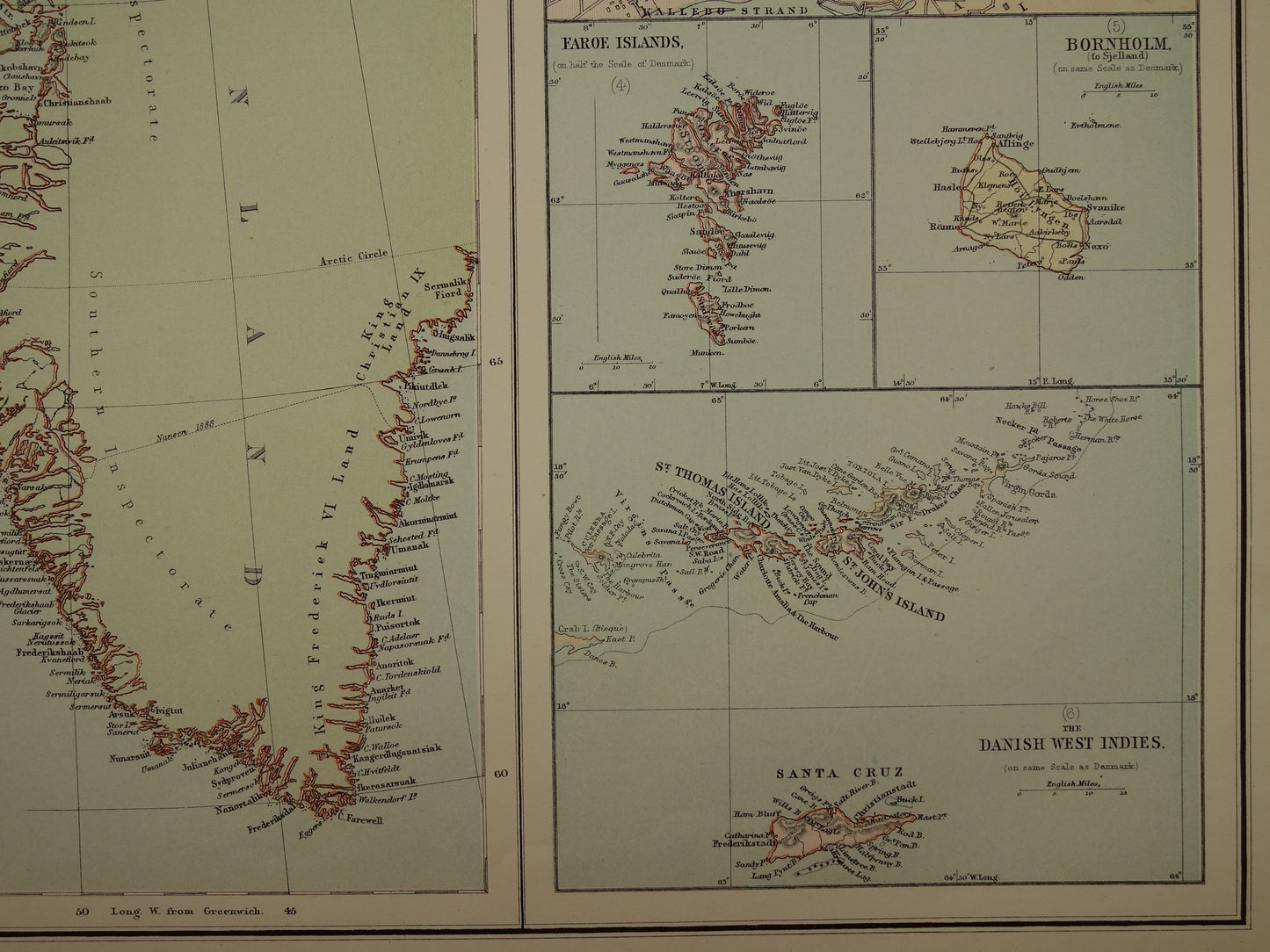 Denemarken grote oude kaart van Denemarken Groenland en Ijsland uit 1890 originele antieke landkaart poster