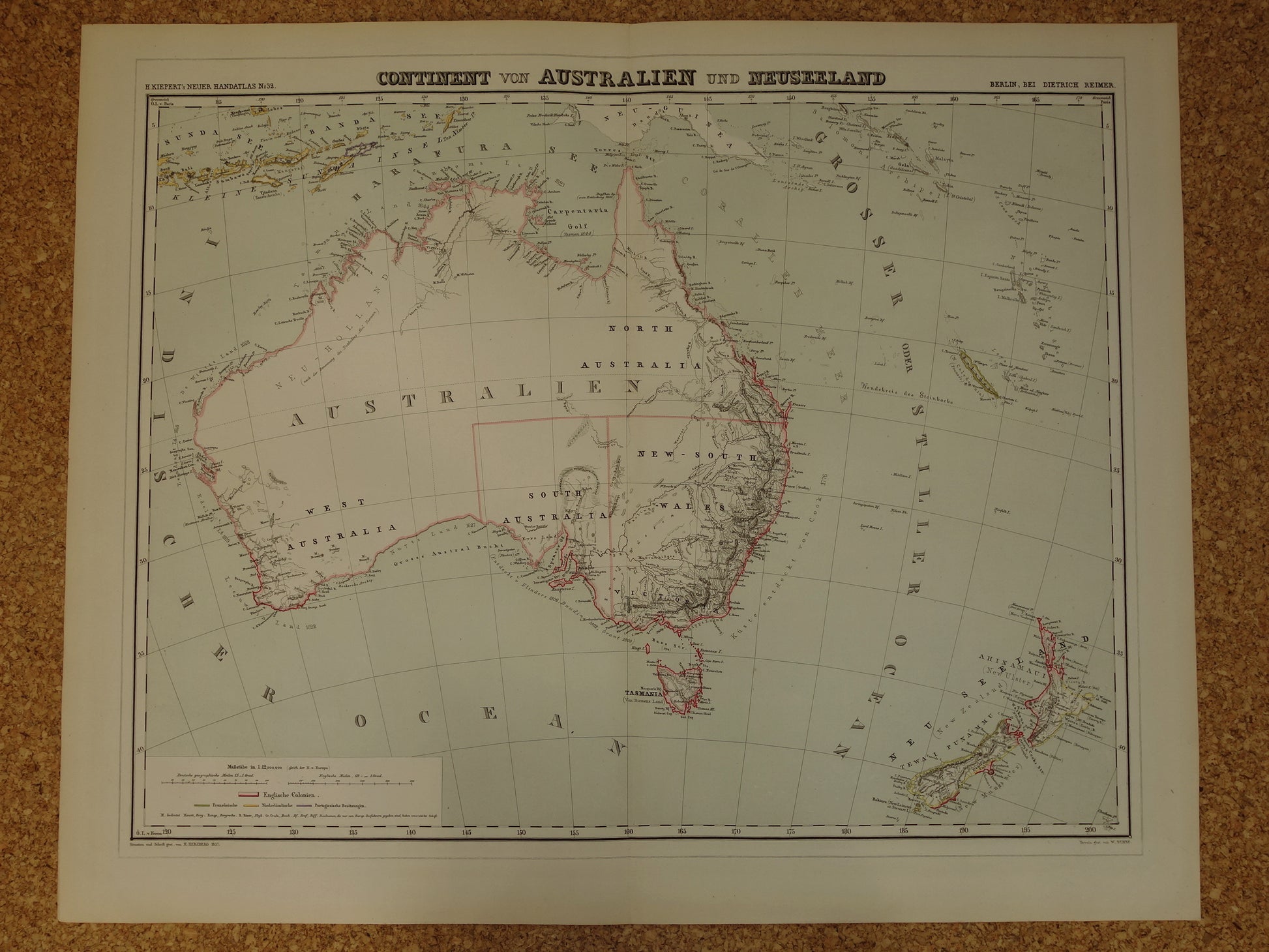 Australië & Nieuw-Zeeland Grote Antieke Landkaart 1857 Originele Handgekleurde Kaart