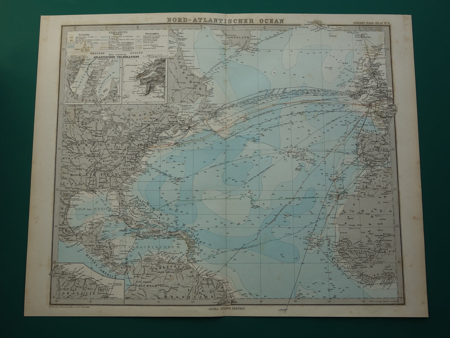 ATLANTISCHE OCEAAN oude kaart van het Noord-Atlantische Oceaan 1886 originele antieke landkaart vintage poster scheepvaart zeekaart