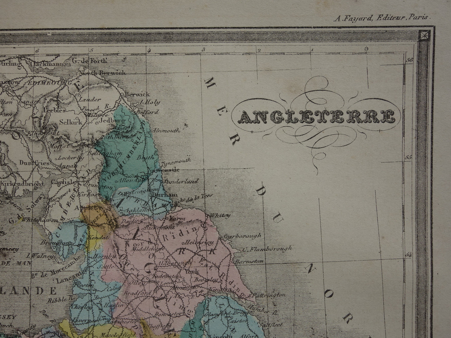 Oude kaart van Engeland en Wales uit 1877 originele antieke Franse handgekleurde landkaart van Engeland