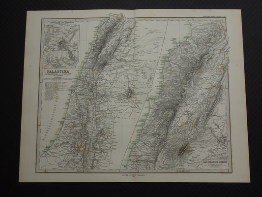 Oude kaart van Israël Libanon Palestina Syrië uit 1876 originele antieke landkaart Jeruzalem Damascus