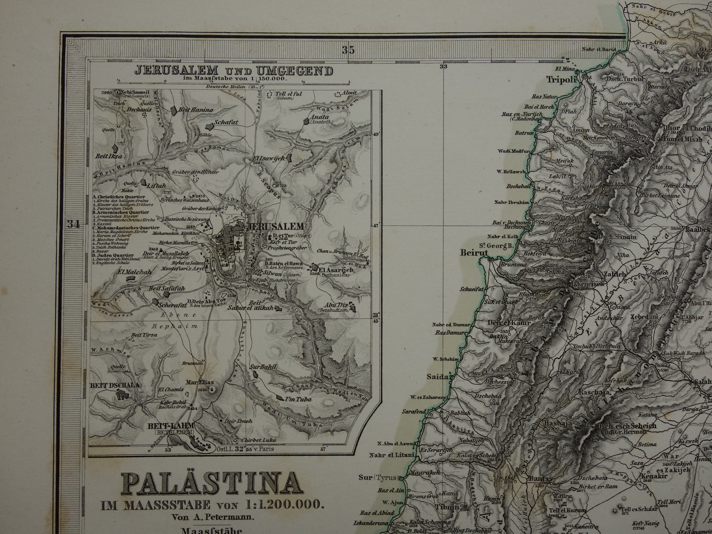 Oude kaart van Israël Libanon Palestina Syrië uit 1876 originele antieke landkaart Jeruzalem Damascus