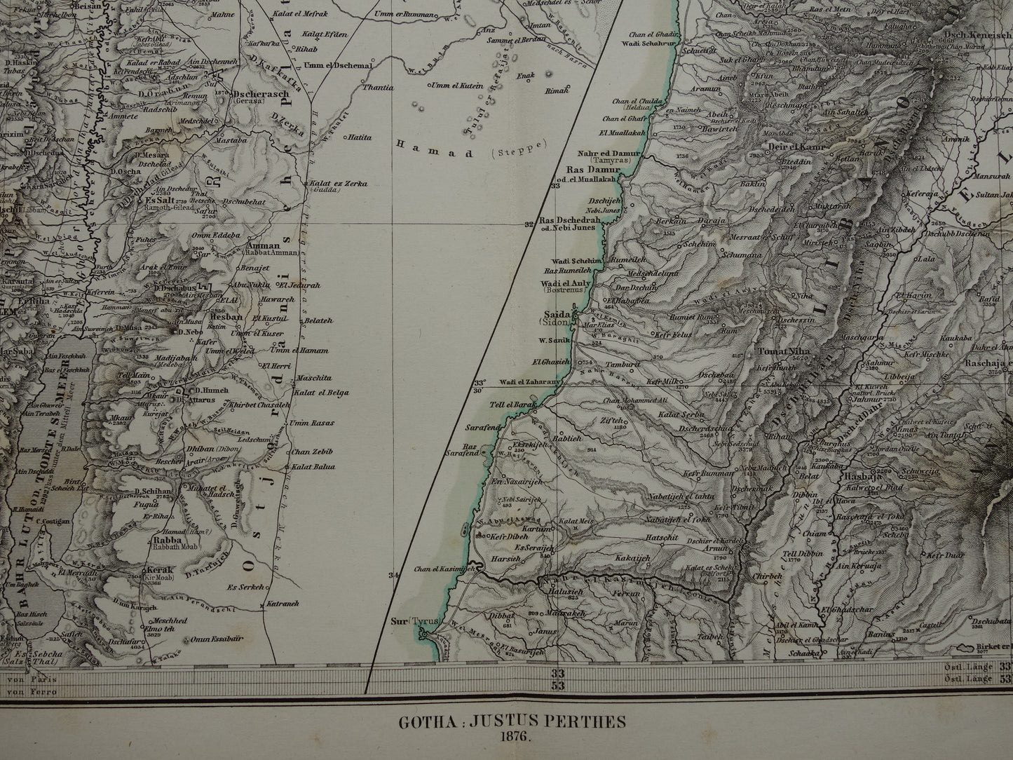 Oude kaart van Israël Libanon Palestina Syrië uit 1876 originele antieke landkaart Jeruzalem Damascus