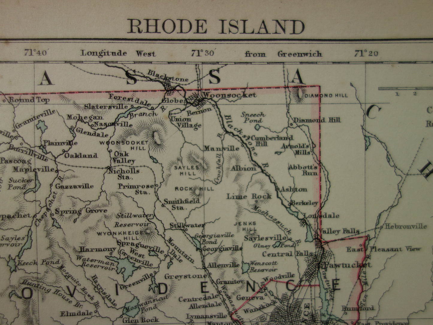 Originele oude kaart van Rhode Island uit 1886 antieke Engelse landkaart RI Staat USA VS