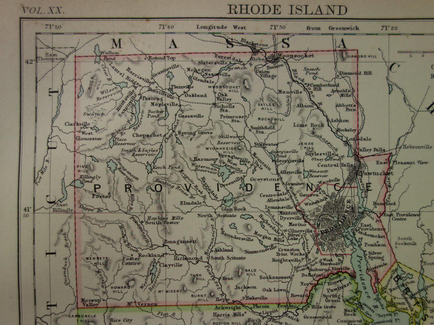 Originele oude kaart van Rhode Island uit 1886 antieke Engelse landkaart RI Staat USA VS